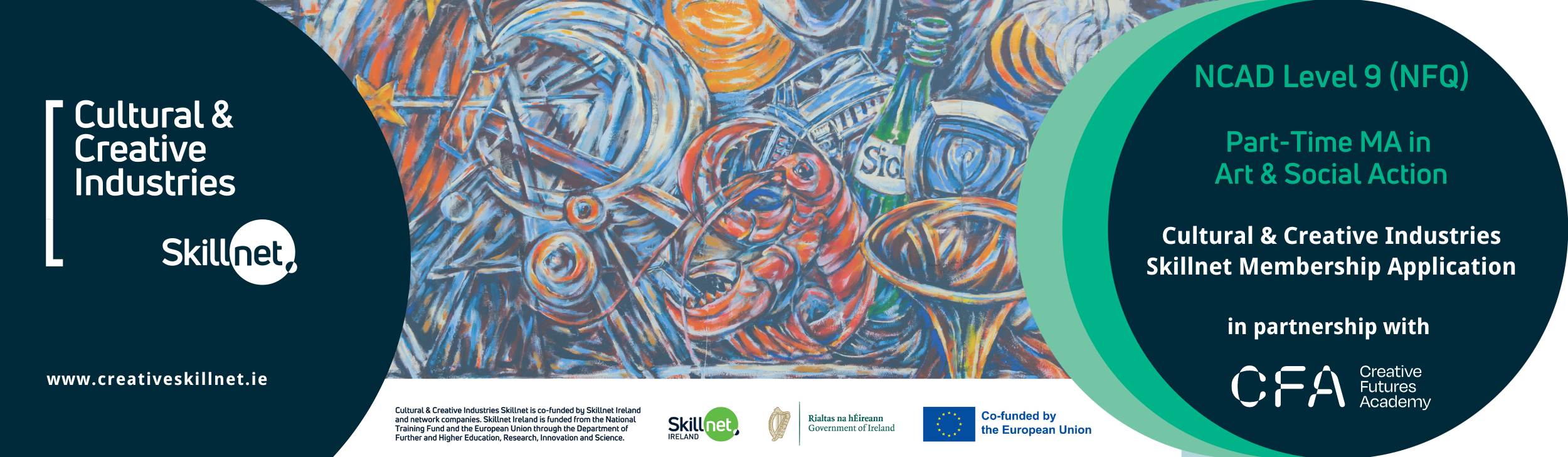 Colourful Art background advertising a Cultural and Creative Industries Skillnet ESF+ Funded programme in NCAD for Art and Social Action in 2024