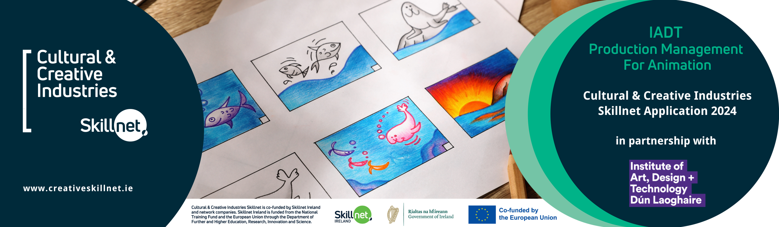 Cartoon Storyboard banner depicting a dolphin and sunset scene